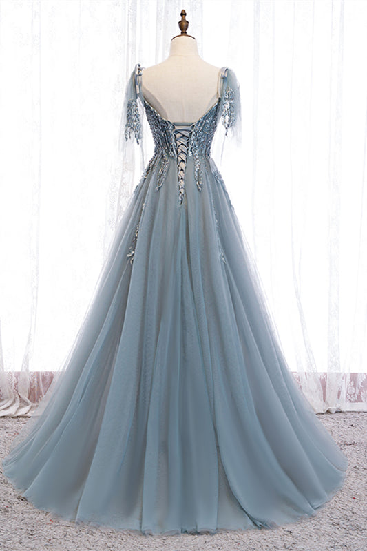 Graues A-Linien-Maxikleid mit Perlenapplikationen, Fliege und transparenten Trägern, formelles Abendkleid 