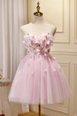 Vestido rosa de fiesta de bienvenida sin tirantes con apliques 3D y escote corazón para cóctel de graduación 