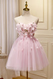 Vestido rosa de fiesta de bienvenida sin tirantes con apliques 3D y escote corazón para cóctel de graduación 
