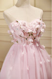 Vestido rosa de fiesta de bienvenida sin tirantes con apliques 3D y escote corazón para cóctel de graduación 