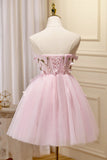 Vestido rosa de fiesta de bienvenida sin tirantes con apliques 3D y escote corazón para cóctel de graduación 