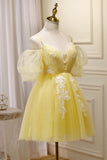 Yellow Plunging Puff Off-the-Shoulder Appliques Homecoming Party Dress Prom Cocktail Gowns
