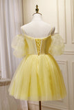 Yellow Plunging Puff Off-the-Shoulder Appliques Homecoming Party Dress Prom Cocktail Gowns