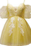 Yellow Plunging Puff Off-the-Shoulder Appliques Homecoming Party Dress Prom Cocktail Gowns