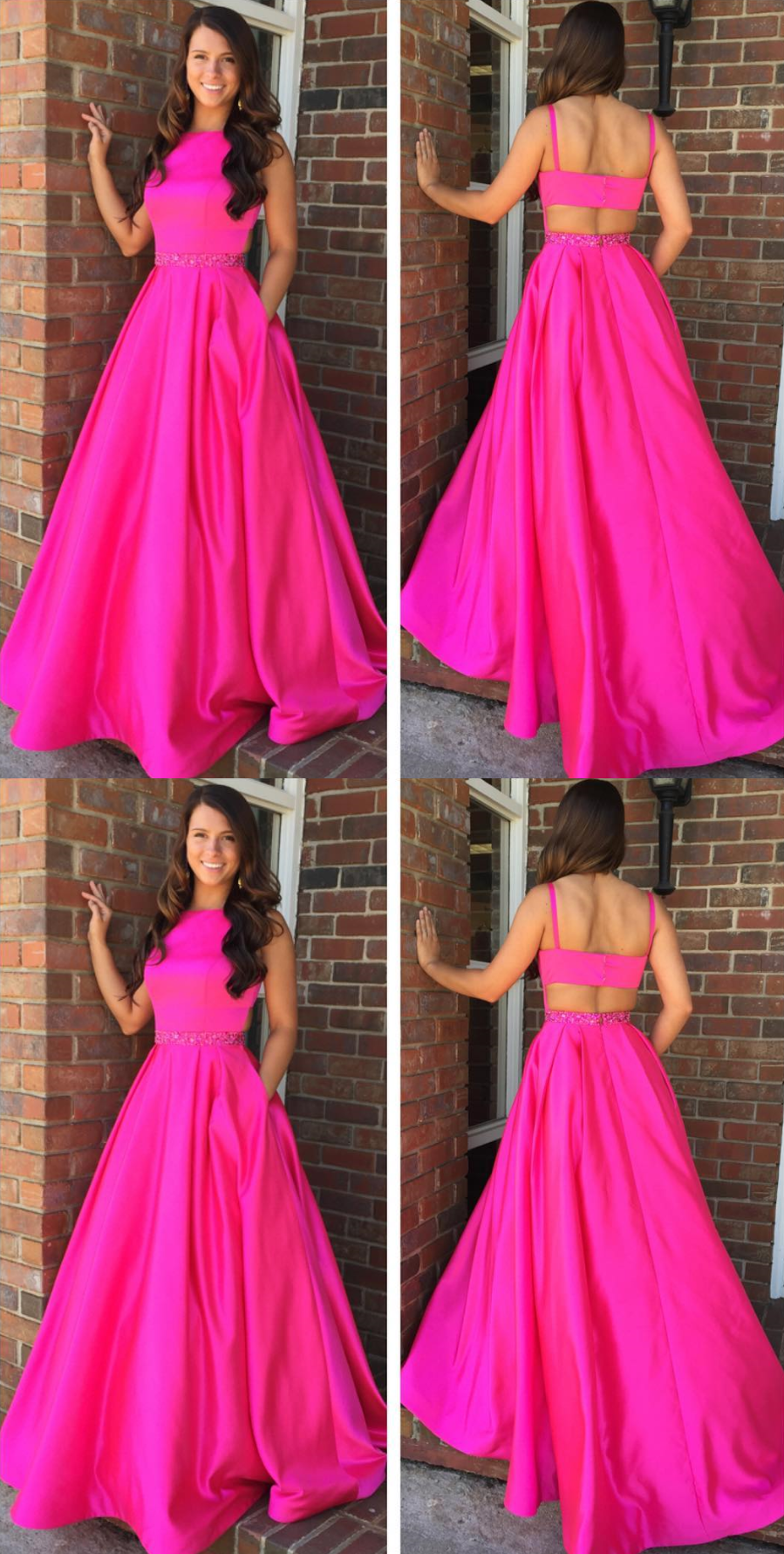 Hot Pink Prom Dress Satin Fabric with Pockets For Teens