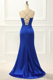 Spaghetti Straps Royal Blue Mermaid Prom Dress With Slit Formal Evening Dresses Gowns