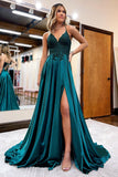 Pfauengrünes Satin-A-Linien-Ballkleid mit Applikationen und Schlitz