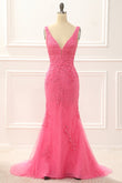 Hot Pink Tulle Mermaid Prom Dress with Appliques Formal Evening Dresses gowns