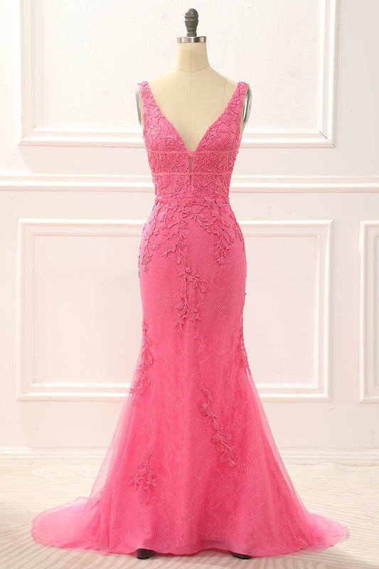 Hot Pink Tüll Meerjungfrau Ballkleid mit Applikationen Formelle Abendkleider