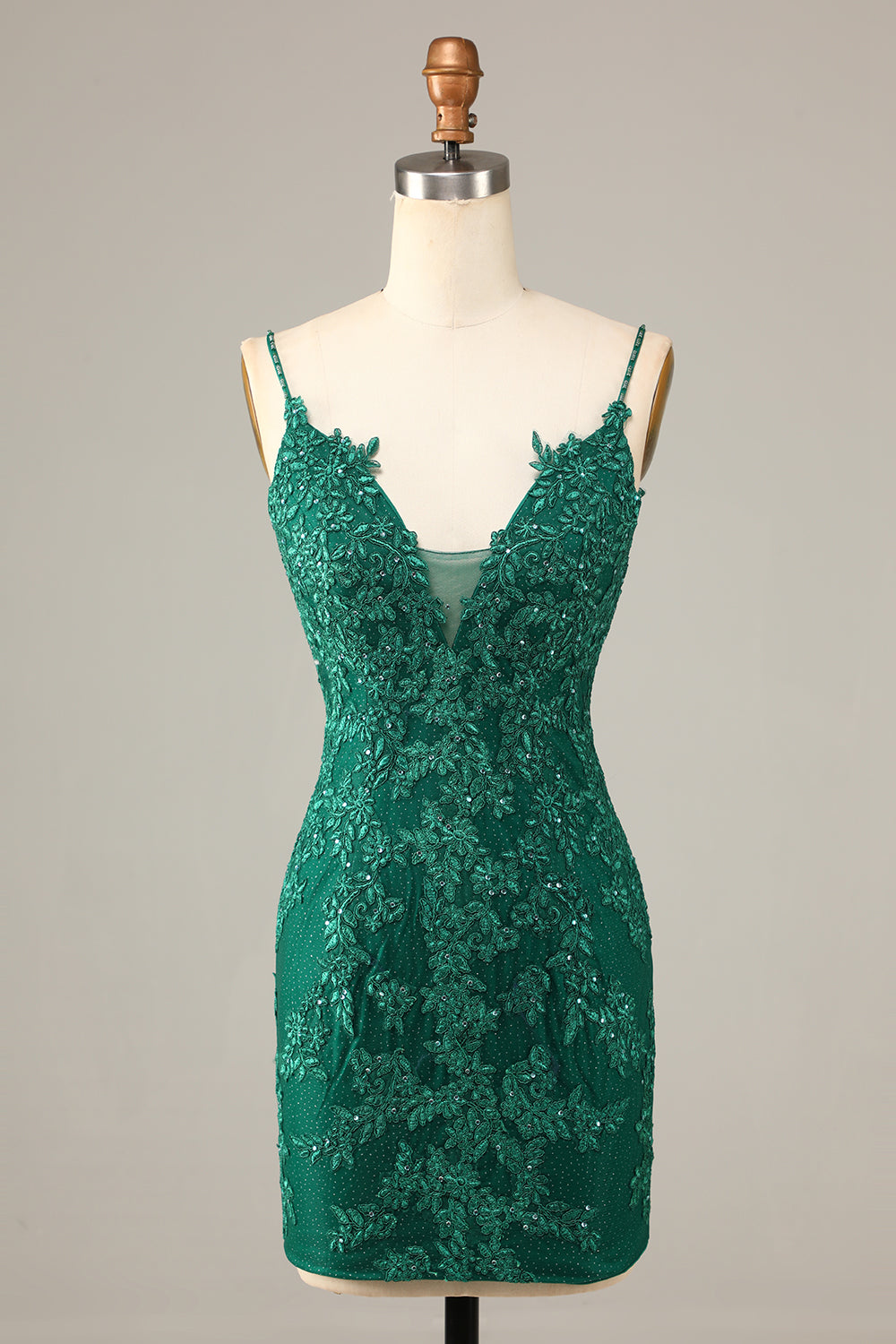 Sheath Spaghetti Straps Dark Green Short Homecoming Dress with Appliques Prom Cocktail Dresses