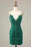 Sheath Spaghetti Straps Dark Green Short Homecoming Dress with Appliques Prom Cocktail Dresses