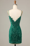 Sheath Spaghetti Straps Dark Green Short Homecoming Dress with Appliques Prom Cocktail Dresses