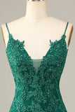 Sheath Spaghetti Straps Dark Green Short Homecoming Dress with Appliques Prom Cocktail Dresses