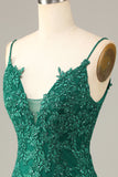 Sheath Spaghetti Straps Dark Green Short Homecoming Dress with Appliques Prom Cocktail Dresses