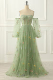Grünes schulterfreies A-Linien-Ballkleid aus Tüll mit Blumenstickerei, formelle Abendkleider