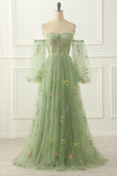 Grünes schulterfreies A-Linien-Ballkleid aus Tüll mit Blumenstickerei, formelle Abendkleider