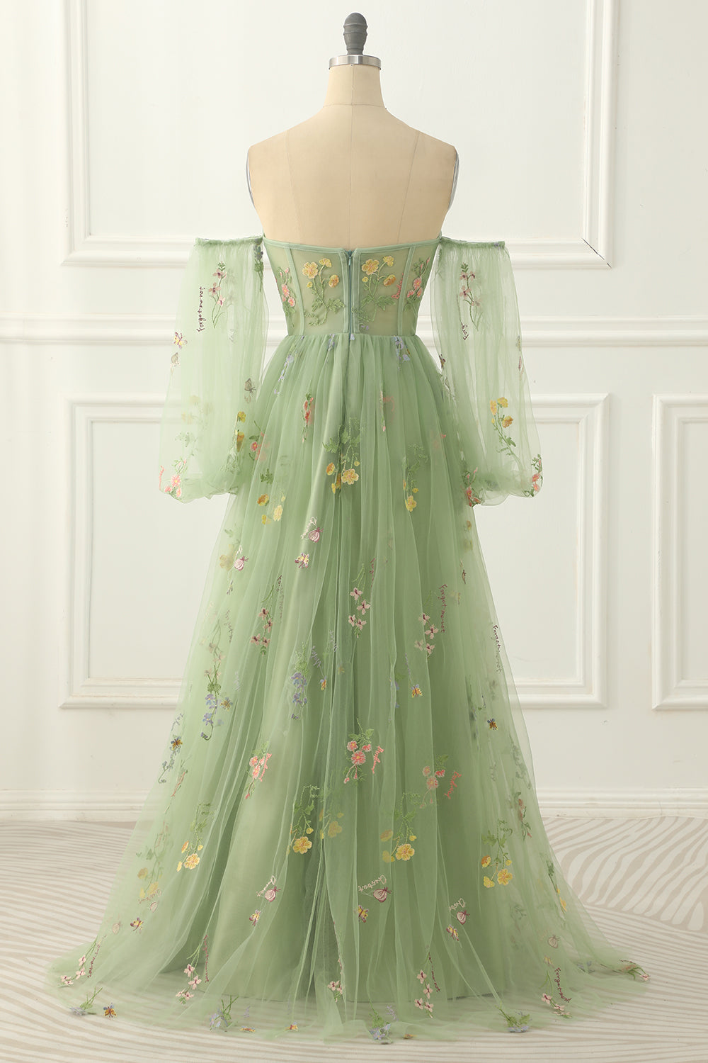 Grünes schulterfreies A-Linien-Ballkleid aus Tüll mit Blumenstickerei, formelle Abendkleider