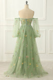 Grünes schulterfreies A-Linien-Ballkleid aus Tüll mit Blumenstickerei, formelle Abendkleider