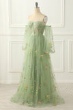 Grünes schulterfreies A-Linien-Ballkleid aus Tüll mit Blumenstickerei, formelle Abendkleider