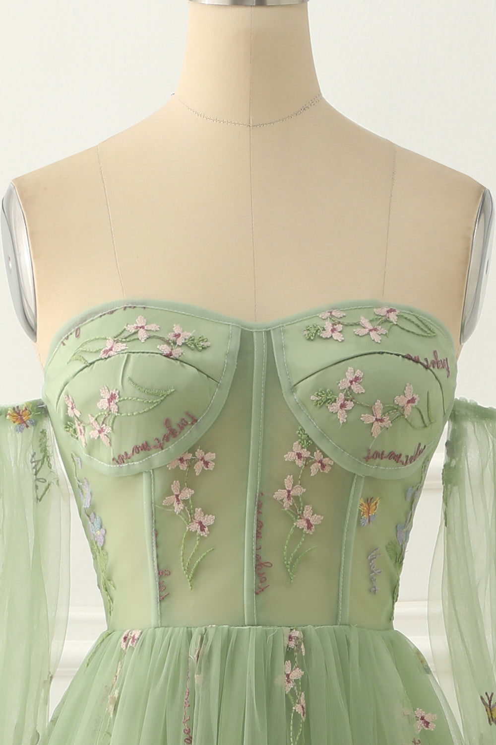 Grünes schulterfreies A-Linien-Ballkleid aus Tüll mit Blumenstickerei, formelle Abendkleider