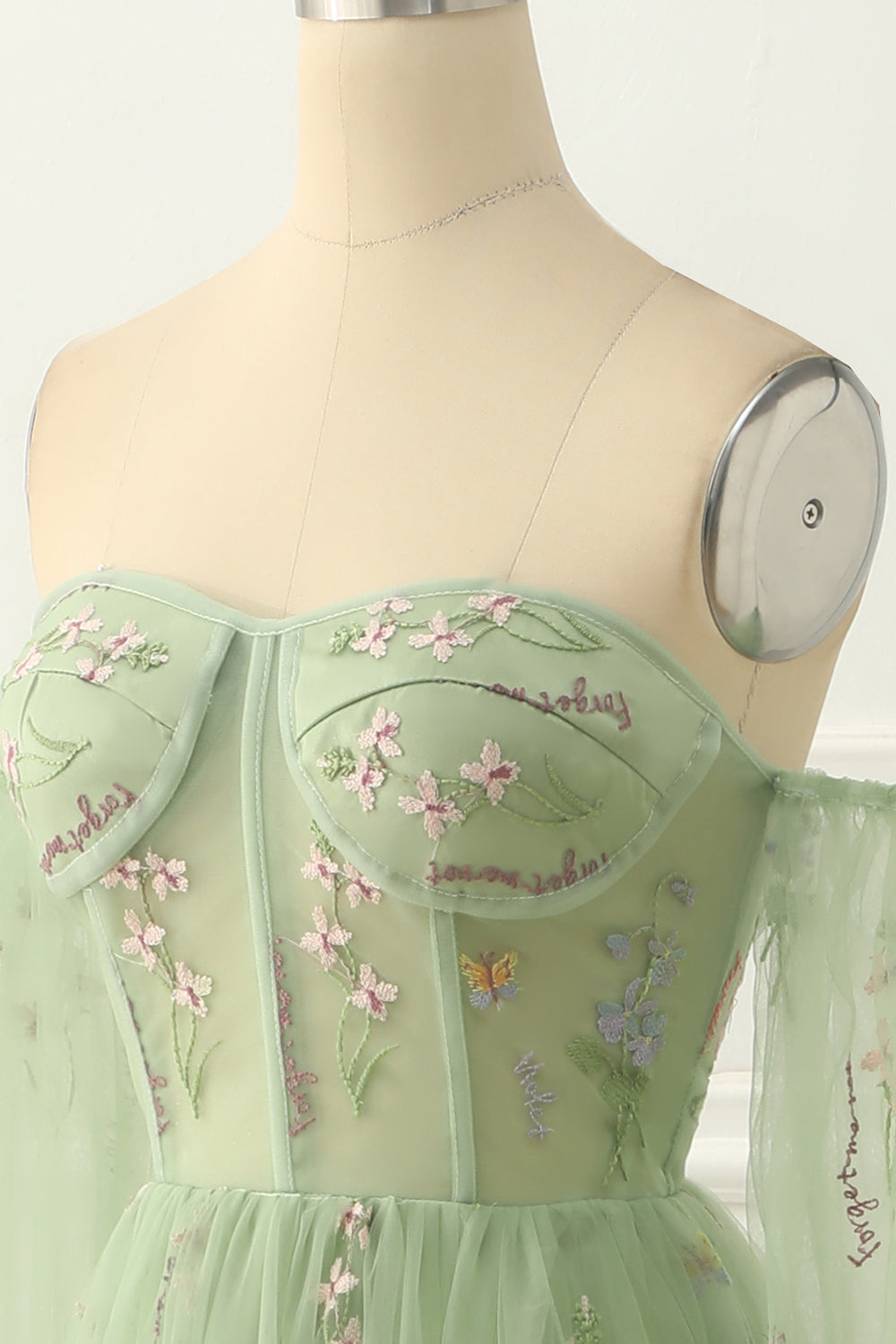 Grünes schulterfreies A-Linien-Ballkleid aus Tüll mit Blumenstickerei, formelle Abendkleider