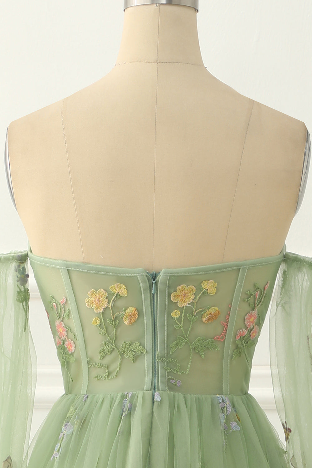 Grünes schulterfreies A-Linien-Ballkleid aus Tüll mit Blumenstickerei, formelle Abendkleider
