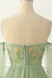 Grünes schulterfreies A-Linien-Ballkleid aus Tüll mit Blumenstickerei, formelle Abendkleider
