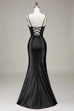 Satin Spaghetti Straps Black Prom Dress with Corset Formal Evening Dresses