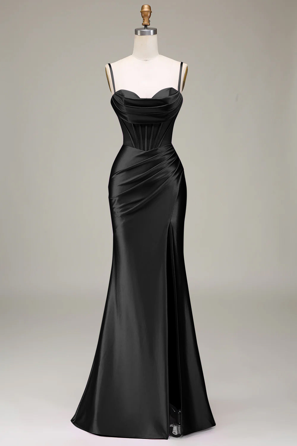 Satin Spaghetti Straps Black Prom Dress with Corset Formal Evening Dresses