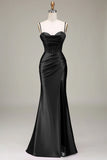 Satin Spaghetti Straps Black Prom Dress with Corset Formal Evening Dresses