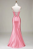 Satin Spaghetti Straps Black Prom Dress with Corset Formal Evening Dresses