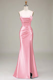 Satin Spaghetti Straps Black Prom Dress with Corset Formal Evening Dresses