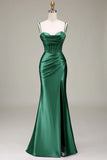 Satin Spaghetti Straps Black Prom Dress with Corset Formal Evening Dresses