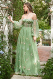 Grünes schulterfreies A-Linien-Ballkleid aus Tüll mit Blumenstickerei, formelle Abendkleider