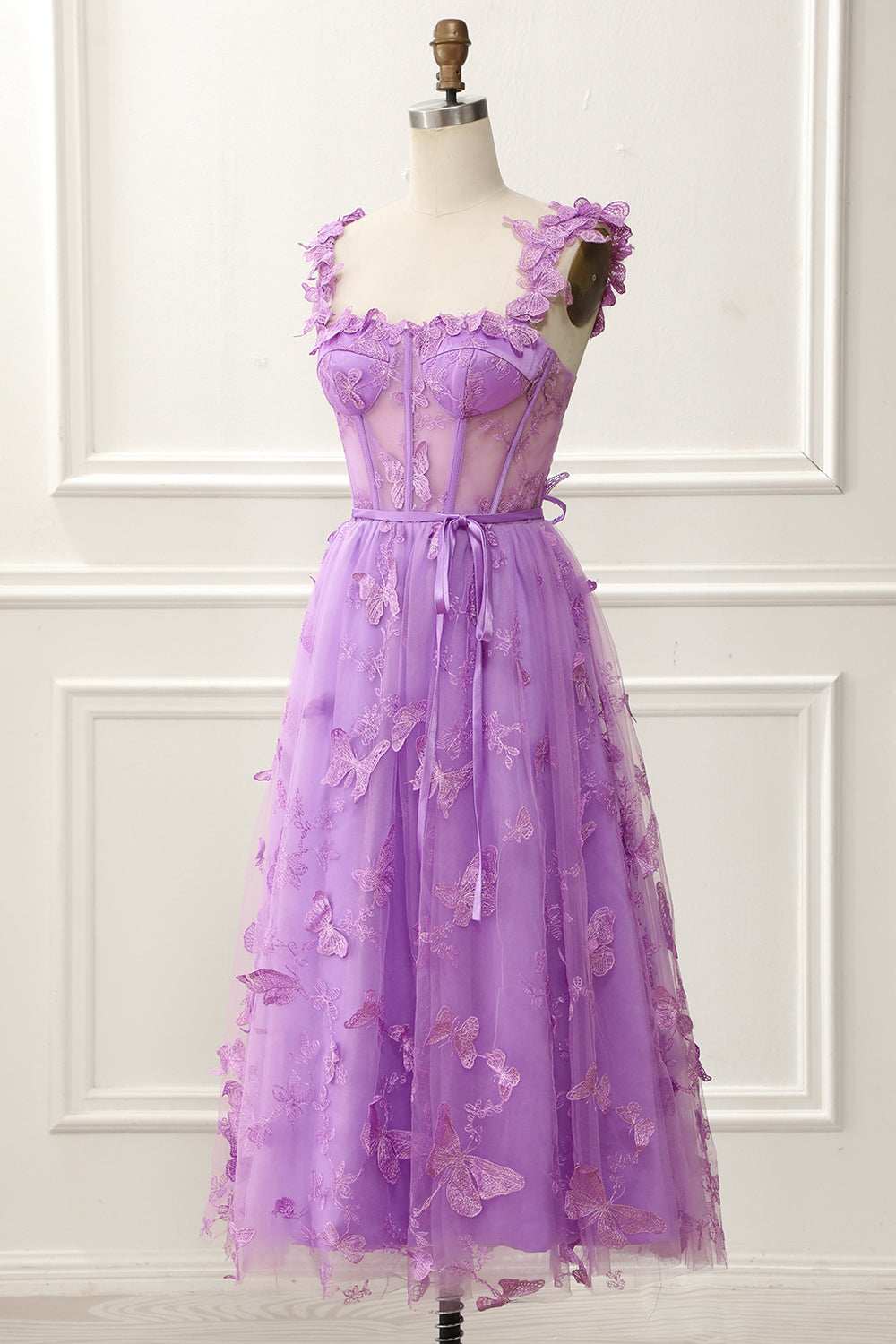 purple lace knee length dress Sheer Lace Trim Knee Length Dress with Collar