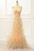 Vestido de fiesta de tul color champán con corte A y bordados, vestidos de noche formales