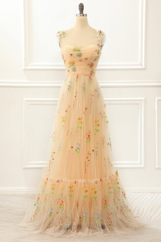 Tulle Champagne A Line Prom Dress with Embroidery Formal Evening Dresses