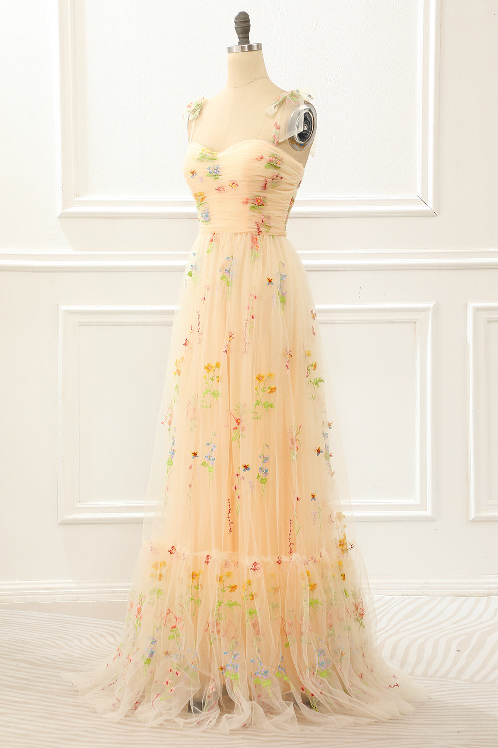 Vestido de fiesta de tul color champán con corte A y bordados, vestidos de noche formales