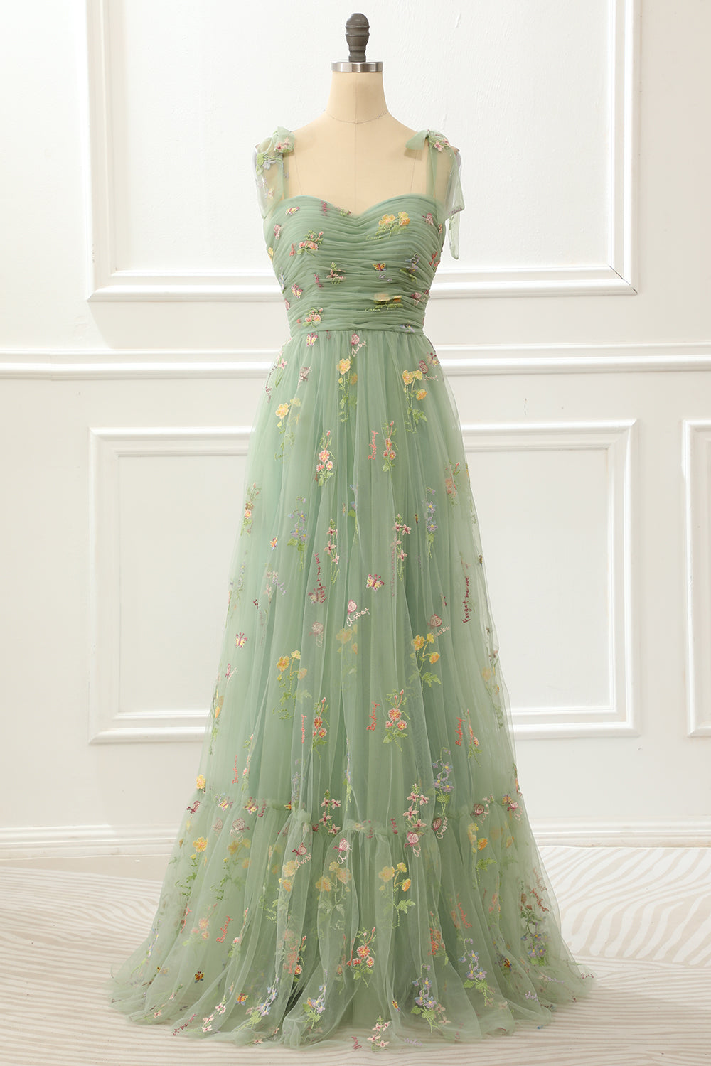 Tulle Green A Line Prom Dress with Embroidery Formal Evening Dresses