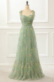Tulle Green A Line Prom Dress with Embroidery Formal Evening Dresses