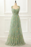 Tulle Green A Line Prom Dress with Embroidery Formal Evening Dresses