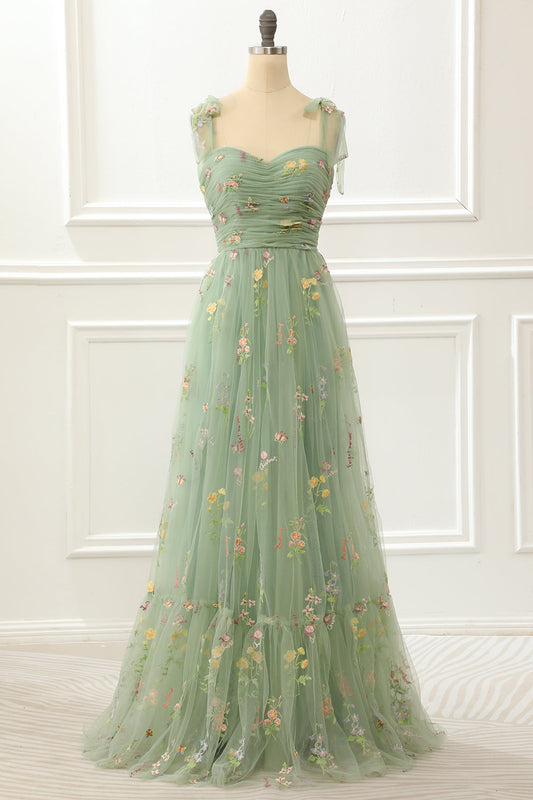 Tulle Green A Line Prom Dress with Embroidery Formal Evening Dresses