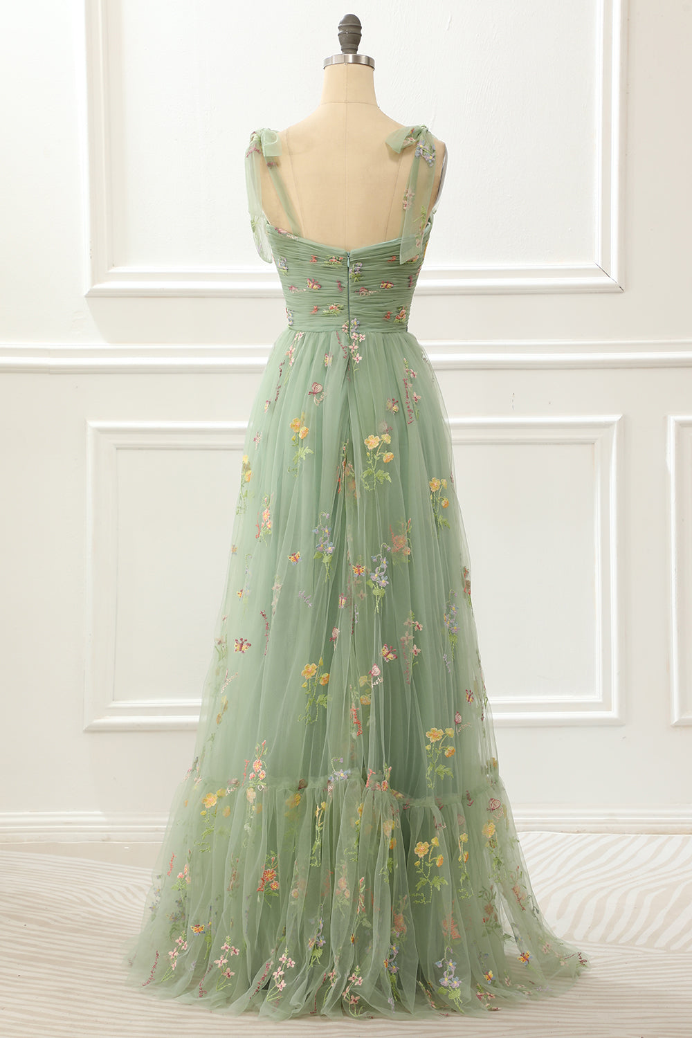 Tulle Green A Line Prom Dress with Embroidery Formal Evening Dresses
