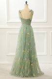 Tulle Green A Line Prom Dress with Embroidery Formal Evening Dresses
