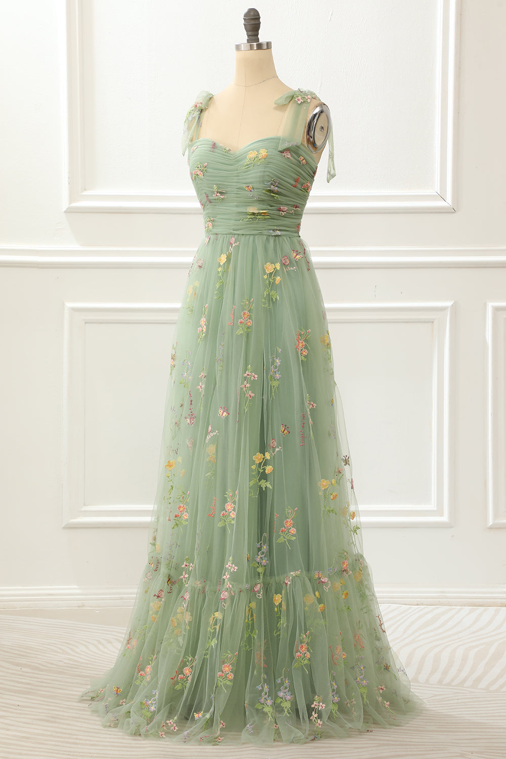 Tulle Green A Line Prom Dress with Embroidery Formal Evening Dresses