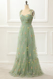 Tulle Green A Line Prom Dress with Embroidery Formal Evening Dresses
