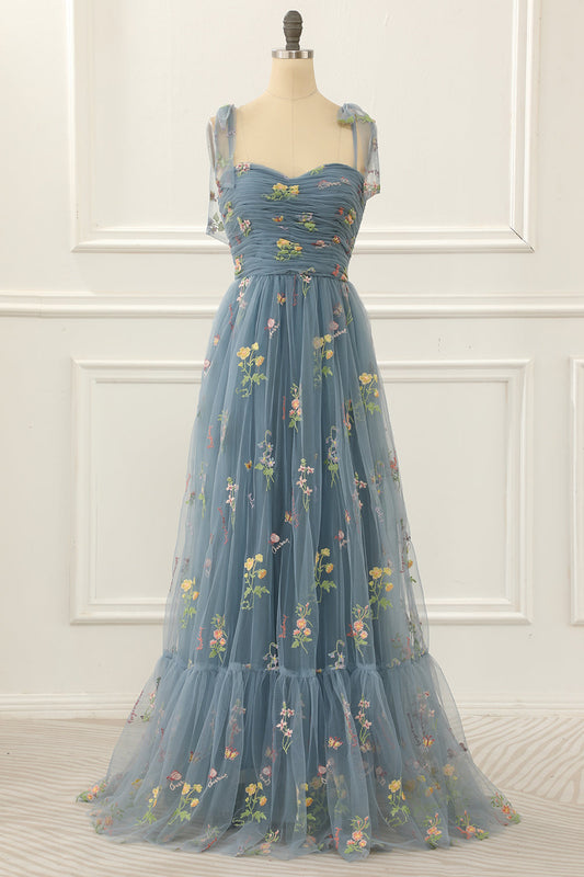 Graublaues A-Linien-Ballkleid aus Tüll mit bestickten formellen Abendkleidern