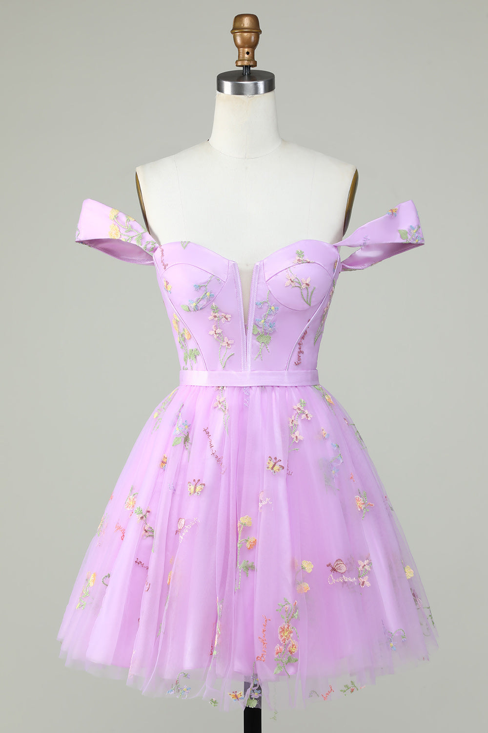 Off the Shoulder Lavender Cute Homecoming Dress with Embroidery Prom Cocktail Dresses