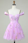 Off the Shoulder Lavender Cute Homecoming Dress with Embroidery Prom Cocktail Dresses
