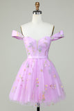 Off the Shoulder Lavender Cute Homecoming Dress with Embroidery Prom Cocktail Dresses